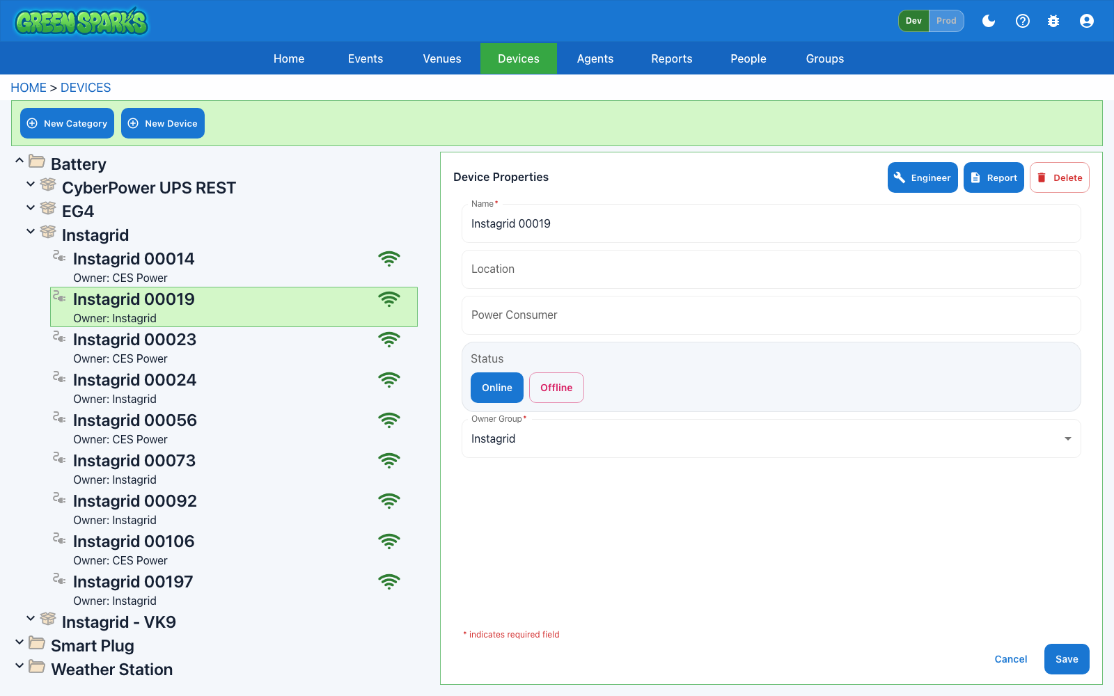 GreenSparks Devices tree with properties inspector open