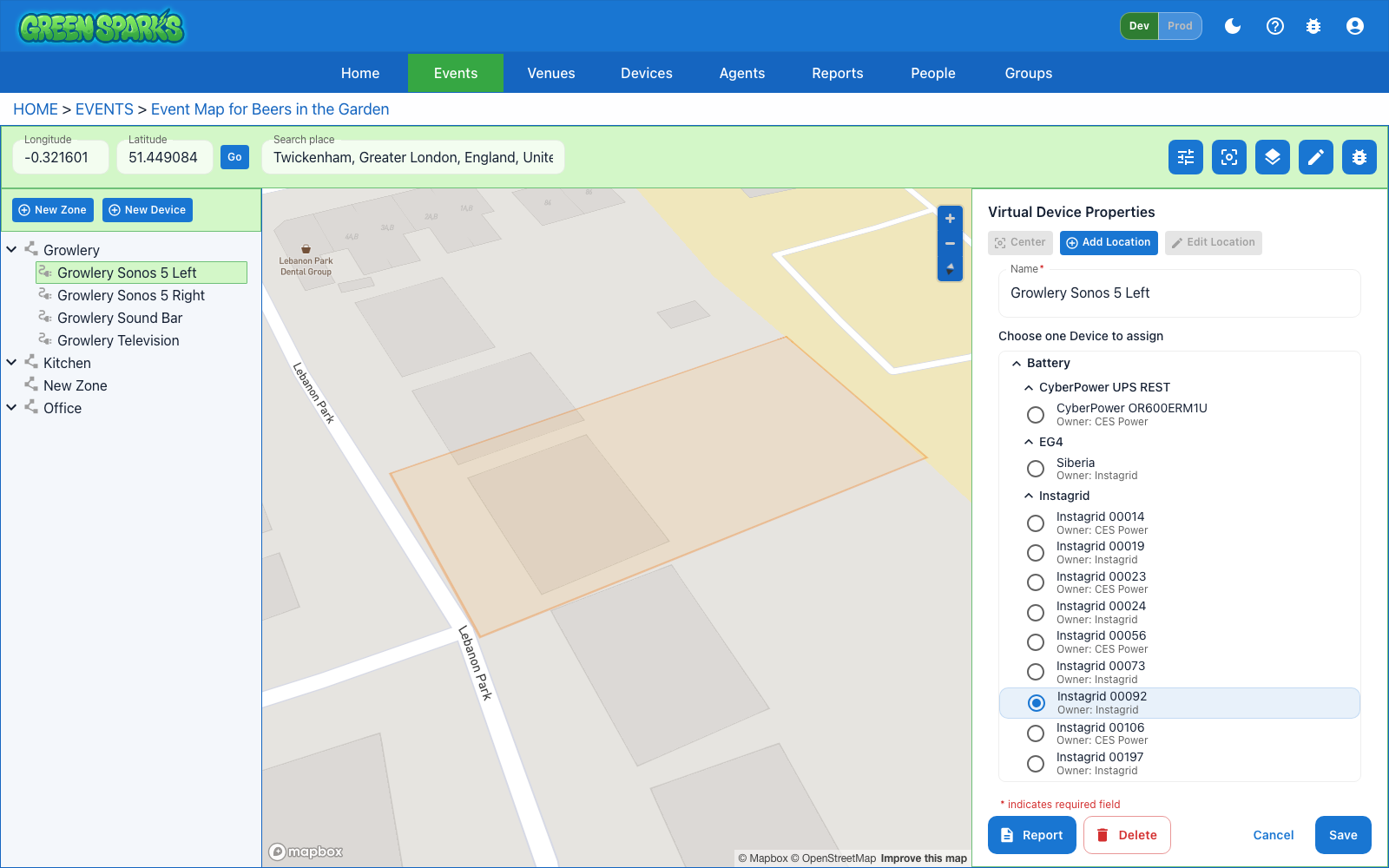 GreenSparks Event Map with inspector panel