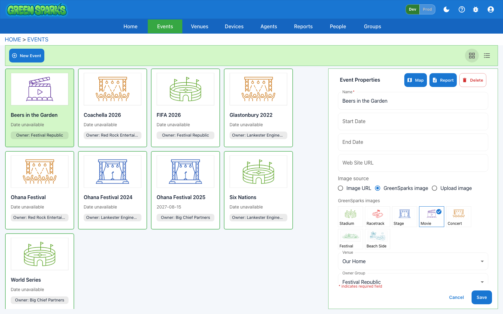 GreenSparks Events grid with Event Properties panel open