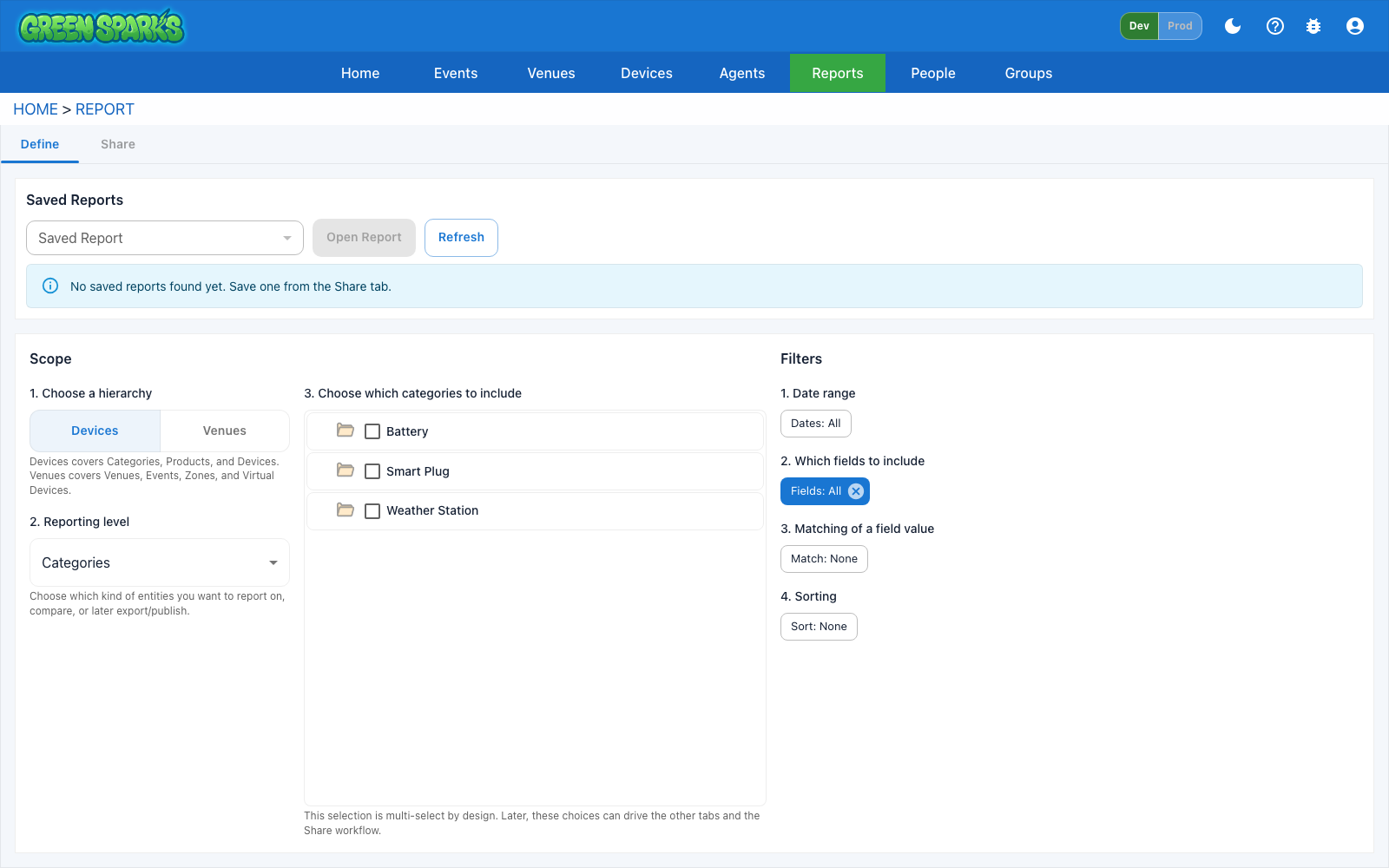 GreenSparks Reports Define tab with hierarchy and reporting level controls
